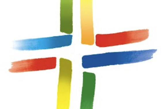 Man sieht ein Kreuz aus verschiedenfarbigen Pinselstrichen